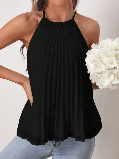Elegant Solid Color Polyester Halter Neck Pleated Blouse - Sleeveless Loose Fit Regular Length Top for Spring & Summer - Womens Casual Pajama Top with Pullover Design