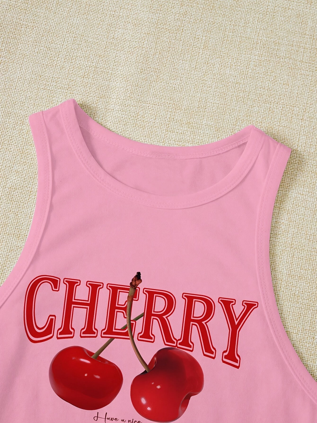 Vibrant Cherry Print Crew Neck Tank Top - Elegant Geometric Pattern, Mid Elasticity, Semi-Sheer, Polyester Knit Fabric, Perfect for Spring & Summer, Womens Casual Sleeveless Crop Top for Everyday Wear