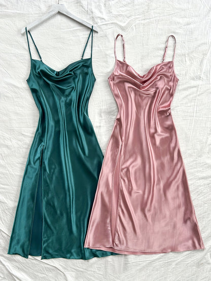 2 Pcs Women's Elegant Solid Satin Sleepwear Dress, Turtleneck Side Split Backless Midi Slip Dress, Comfortable Nightgown