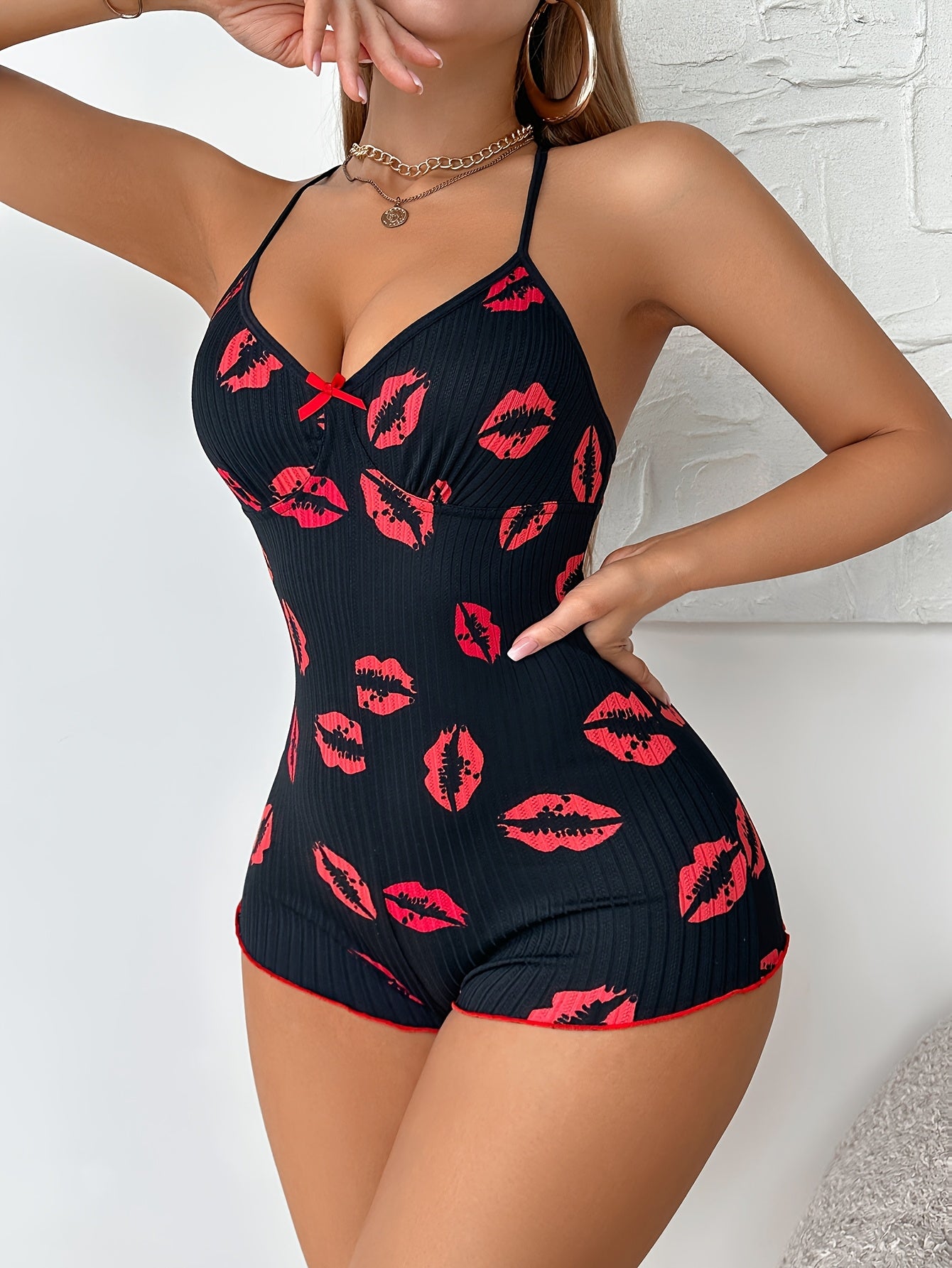 [Sexy Jumpsuit] Sexy Striped Women's Jumpsuit Pajama Set | Comfortable Back Cross Design Lip Pattern