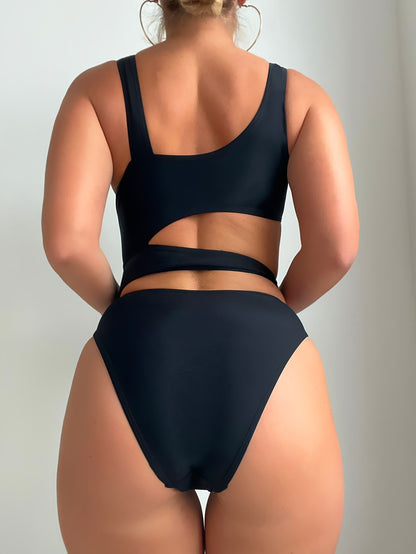 Plain Black Cut Out One-piece Swimsuit, Asymmetric High Stretch Monokini Bathing Suits, Women's Swimwear & Clothing