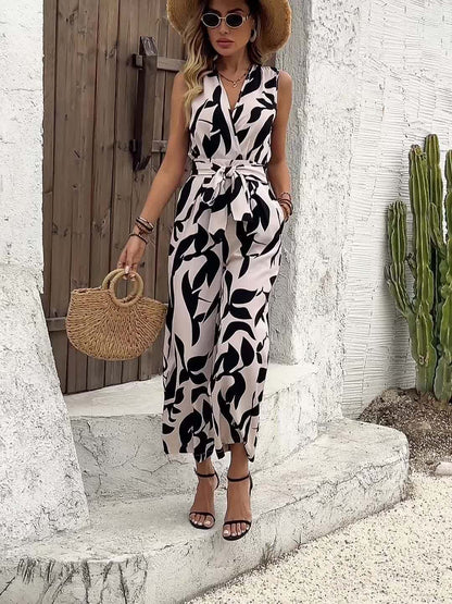 Women'S Elegant Sleeveless Jumpsuit, Summer Floral Print, Polyester 100%, Criss Cross Neck, Belt Detail, Woven Fabric, 120g/m², Yellow and Black Flower Pattern, Wide Leg Pants