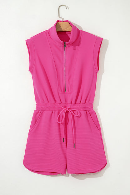Rose Red Textured Short Sleeve Half Zip Drawstring Elastic Waistband Romper