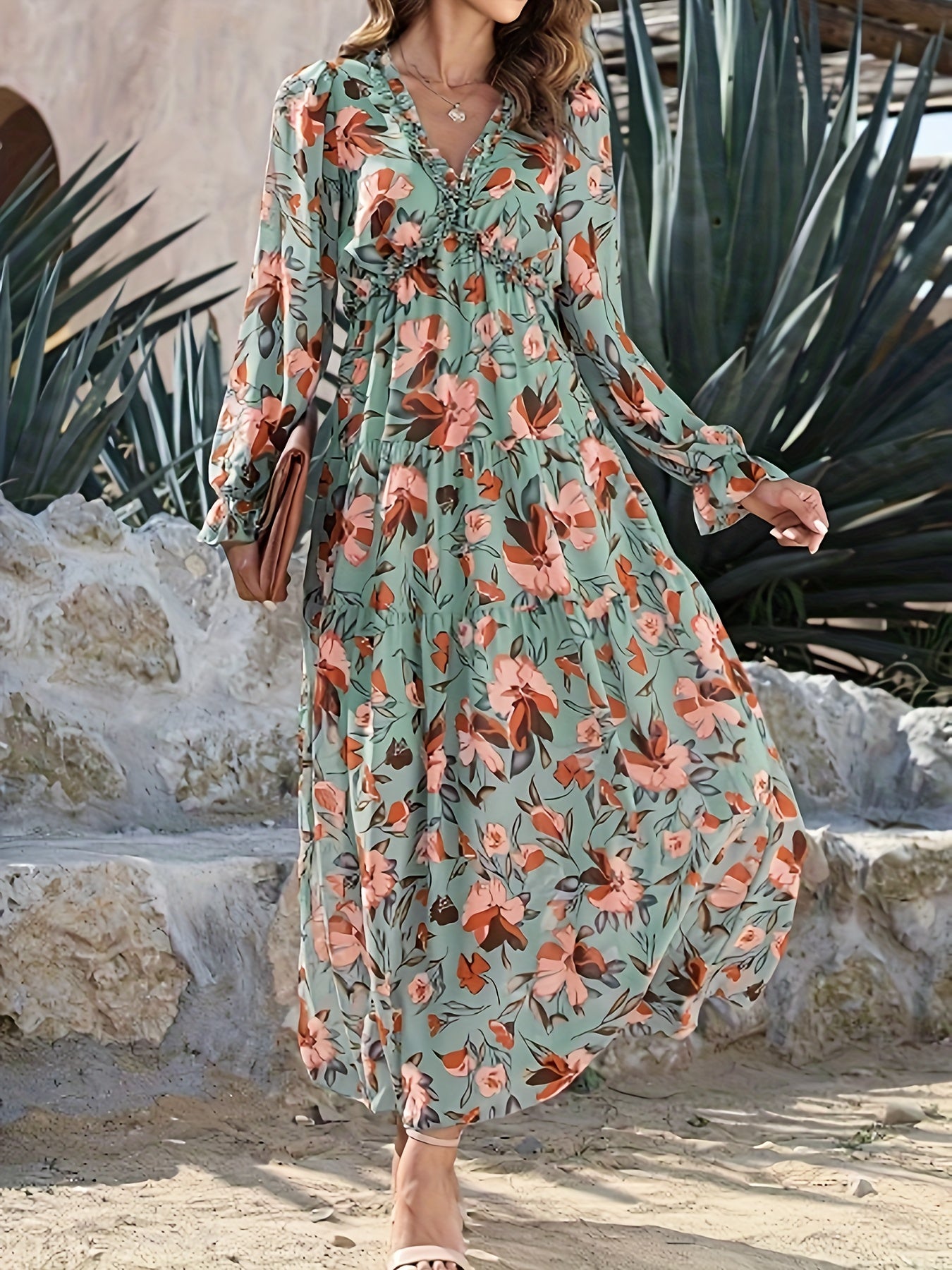 Lightweight Chiffon Floral Maxi Dress for Women - V-Neck, Long Sleeve, Layered Ruffle Hem, Bell-Bottom Maxi with Adjustable Waist Cincher, Perfect for Spring/Summer/Fall Vacations, Vacation Dress | Flowing Maxi Dress | Flowin