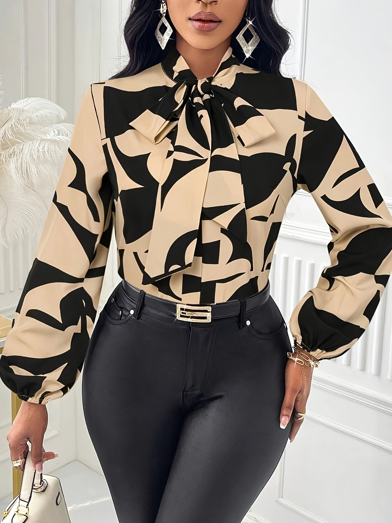 Elegant Geometric Print Bow Tie Collar Blouse - Women's Long Sleeve Shirt with Adjustable Tie Detail, Machine Washable All-Season Top for Casual & Formal Wear, Long Sleeve Blouse, Smooth Texture Fabric