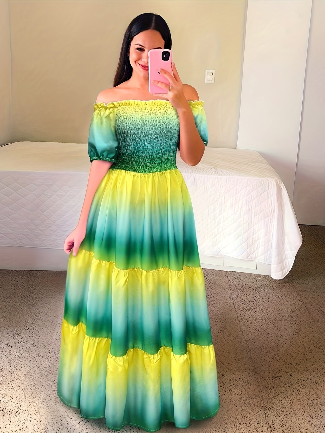 Gradient Print Tiered Dress, Casual Off Shoulder Shirred Party Dress, Women's Clothing