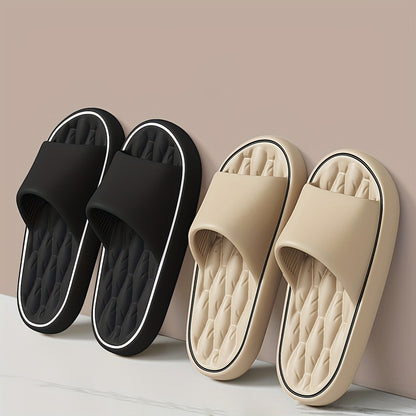 [Comfortable Slides] Comfortable Unisex EVA Slides | Non-Slip Indoor/Outdoor Slippers for Men and Women, Black with White Trim, Textured Sole for Enhanced Grip, Perfect for Home, Bathroom, or Casual Use, House Slippers