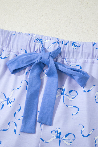 Sky Blue Bow Printed Ruffled Short Lounge Set