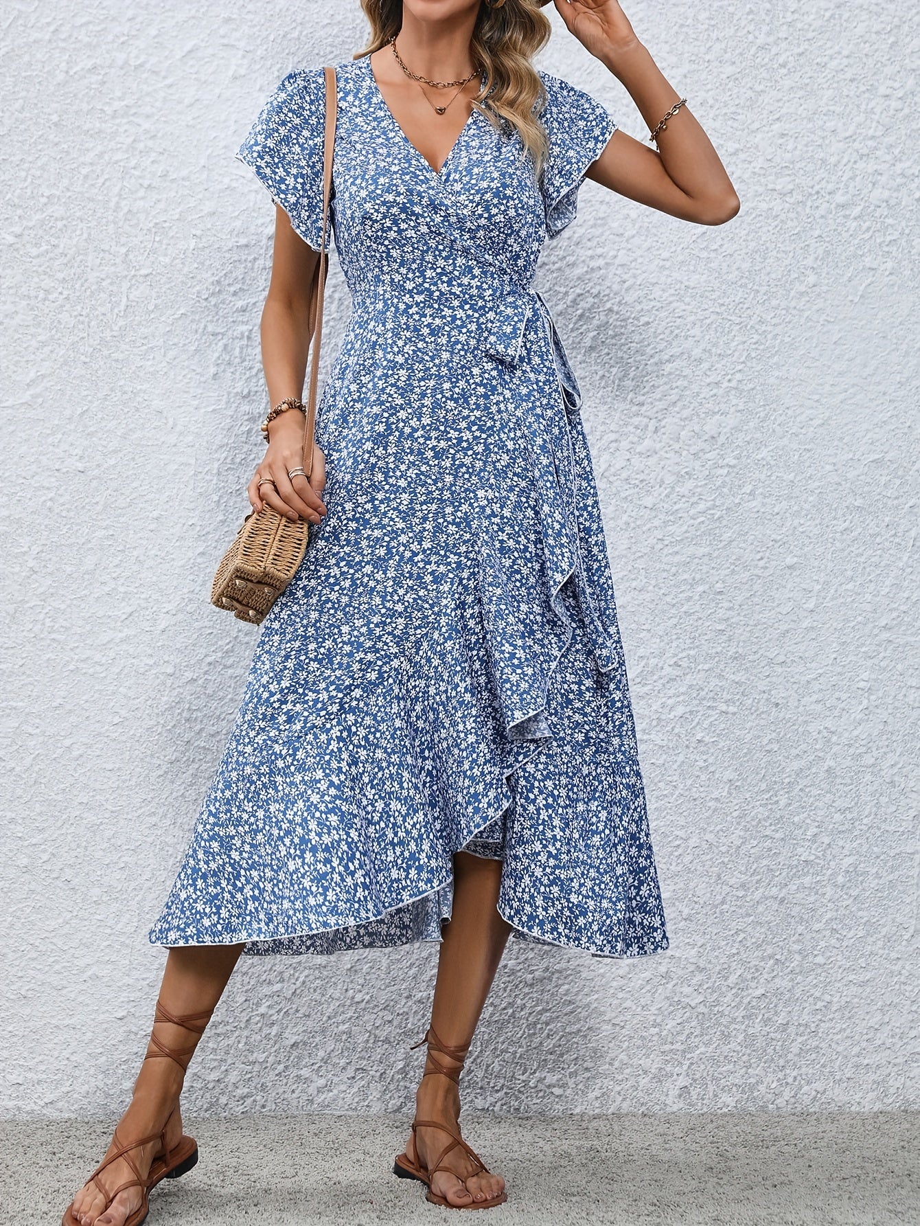Women's Spring & Summer Dress - Elegant Floral Print, Surplice Neck with Tie, Casual Flutter Sleeves & Ruffle Hem, Perfect for Every Day & Special Occasions