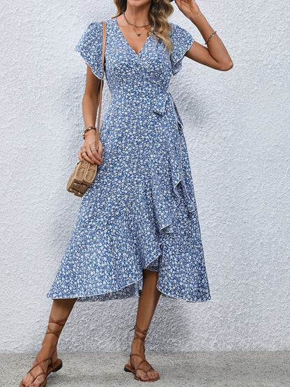 Women's Spring & Summer Dress - Elegant Floral Print, Surplice Neck with Tie, Casual Flutter Sleeves & Ruffle Hem, Perfect for Every Day & Special Occasions