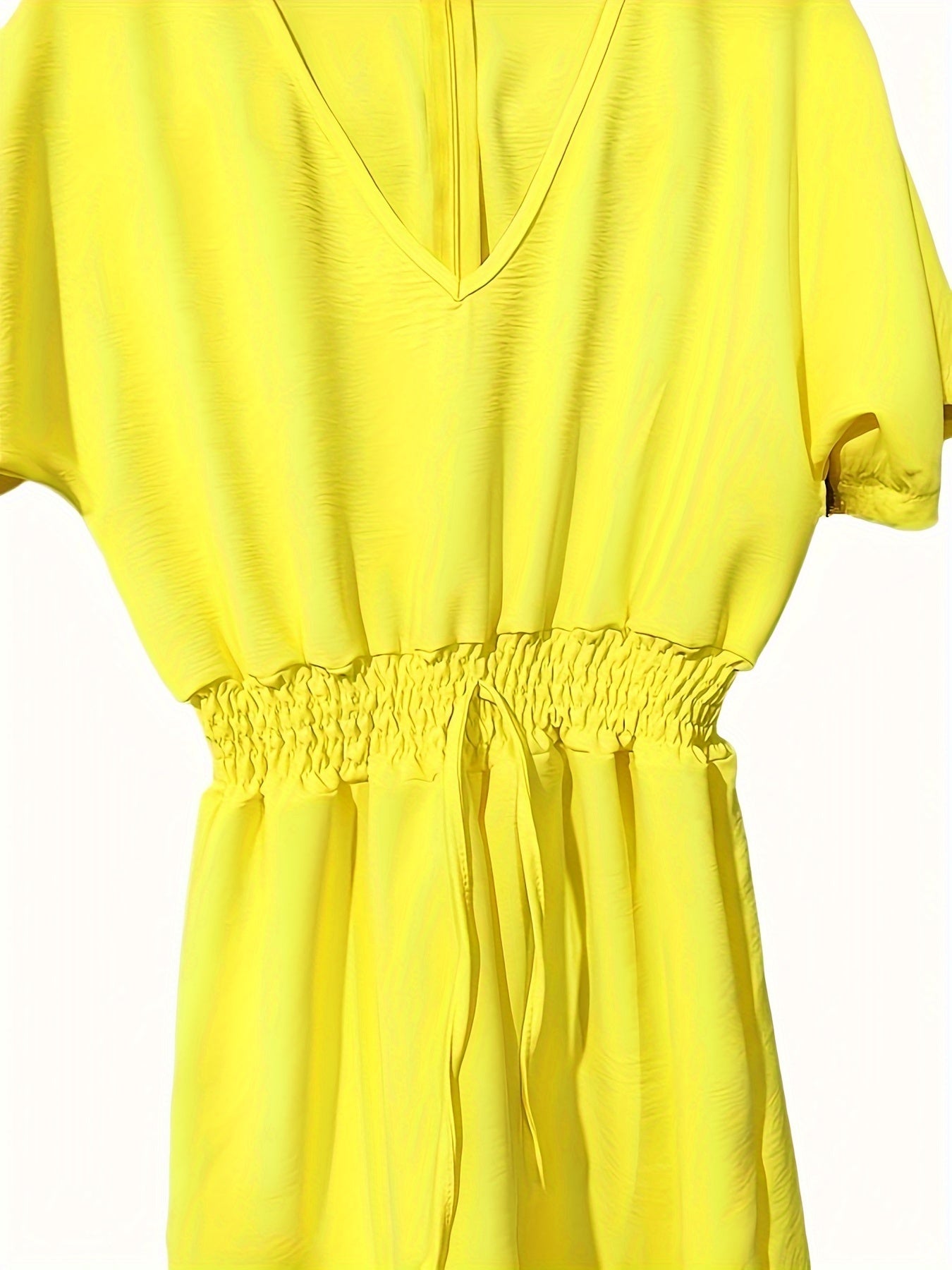 Solid V Neck Romper, Elegant Short Sleeve Shirred Waist Jumpsuit For Spring & Summer, Women's Clothing