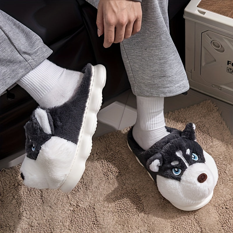 Unisex Husky Cartoon Slippers | Plush Fabric Indoor/Outdoor Slip-On Shoes with EVA Sole | Cozy Winter Footwear for Men & Women | Cute Animal Design | Warm, Comfortable Home Slippers for Autumn and Winter, Indoor Slippers