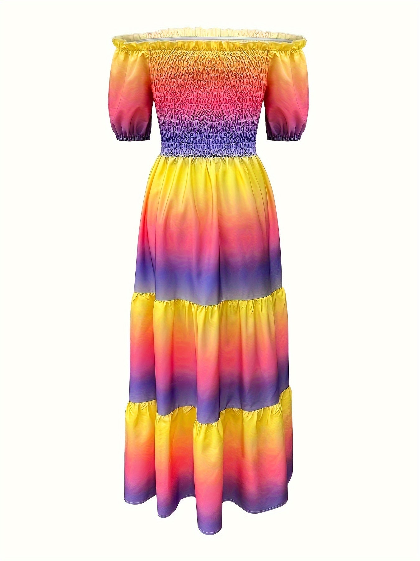 Gradient Print Tiered Dress, Casual Off Shoulder Shirred Party Dress, Women's Clothing