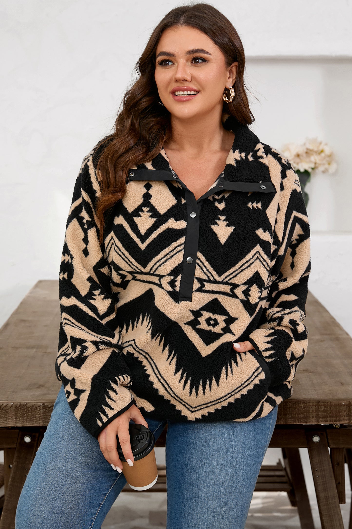 Black Plus Size Western Aztec Pattern Half Button Collared Plush Sweatshirt