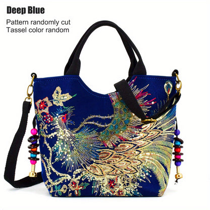 Women's Embroidered Satchel Bag, Fashion Double Handle Purse, Retro Style Handbag With Removable Strap