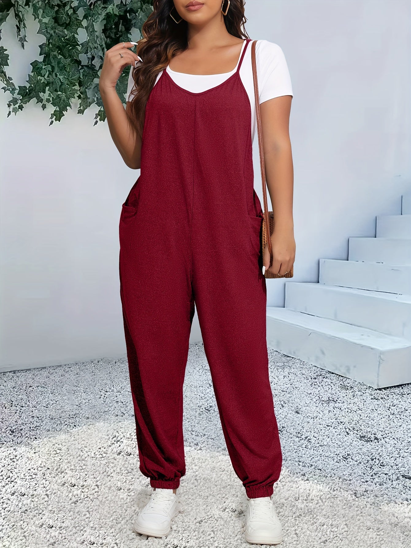 Plus Size Chic Cami Jumpsuit - Comfort-Fit with Tapered Leg, V-Neck Design, and Convenient Pockets - Versatile for Casual and Everyday Wear