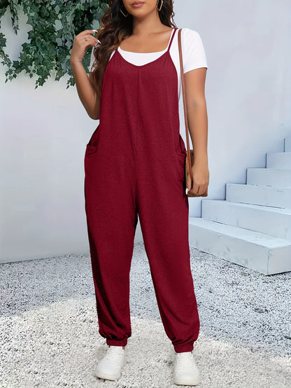 Plus Size Chic Cami Jumpsuit - Comfort-Fit with Tapered Leg, V-Neck Design, and Convenient Pockets - Versatile for Casual and Everyday Wear