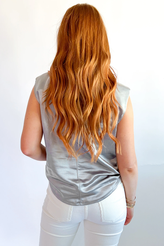 Silvery Metallic Luster Crew Neck Shift Tank Top