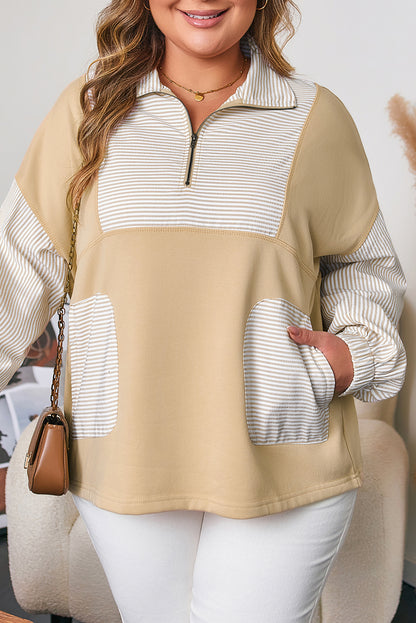 Khaki Stripe Mix Half Zip French Terry Plus Size Sweatshirt