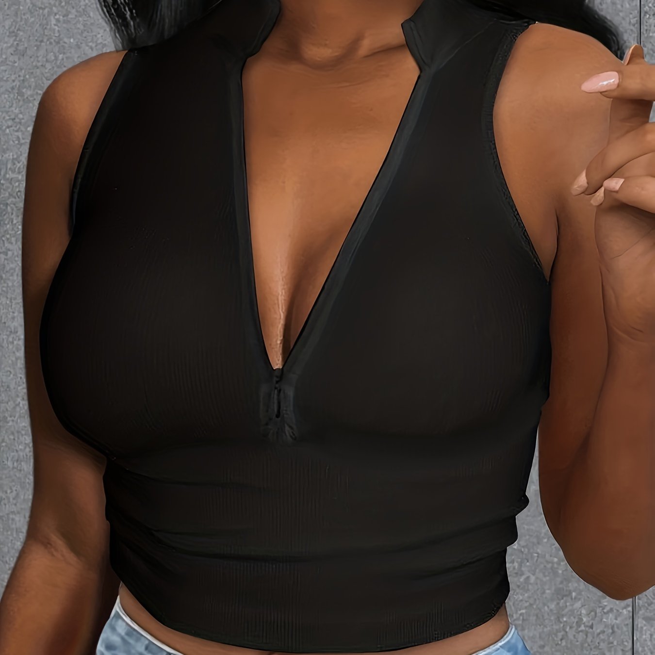 Ribbed Zip Decor Crop Top, Casual Solid Plunging Neck Tank Top For Summer, Women's Clothing