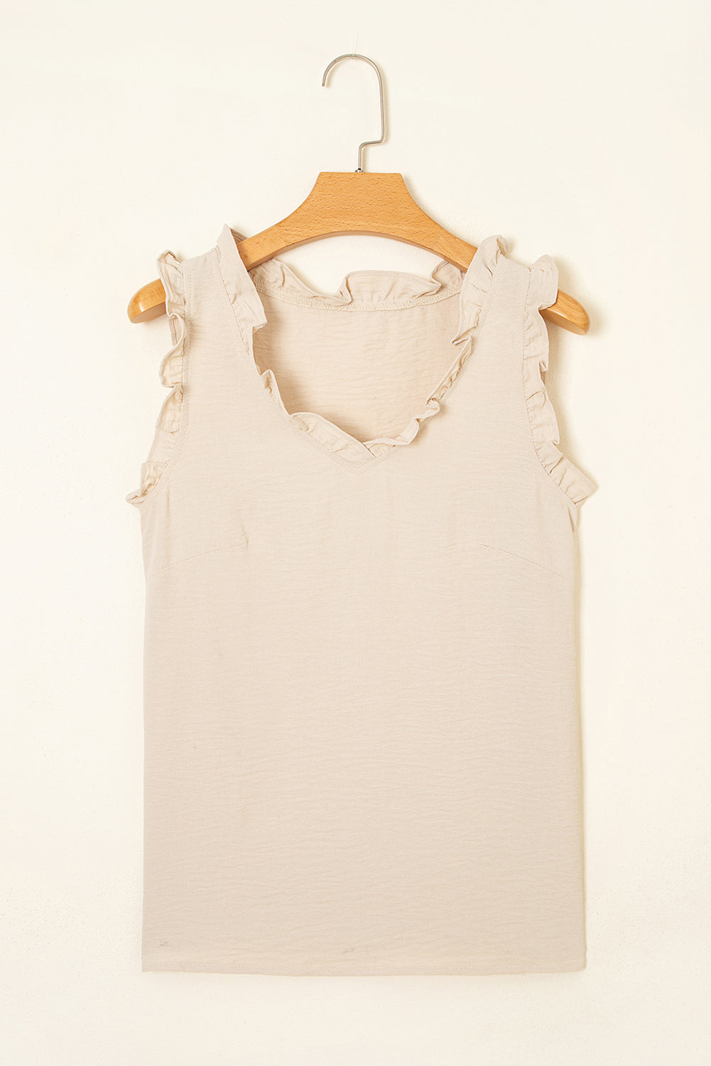 Parchment Textured Frilly Trim V Neck Sleeveless Top