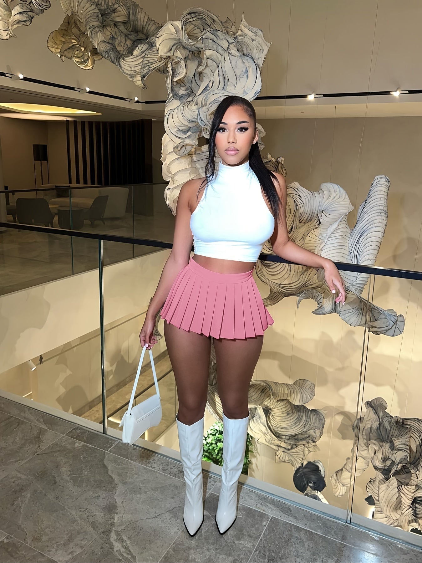 [Bright Pink Skirt] Sexy Summer Bright Pink High-Waisted Pleated Mini Skirt | Stretchy & Machine Washable | Perfect for Casual or Party Outfits for Women