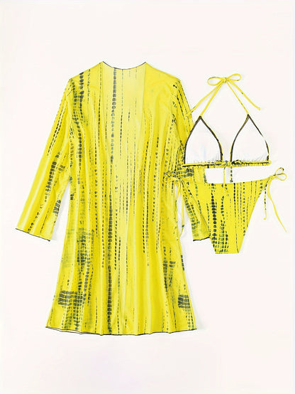 Trendy Tie Dye Striped Bikini Three Pieces Set, Solid Bra & Panty & Cover Up for Beach Wear, Women's Swimwear