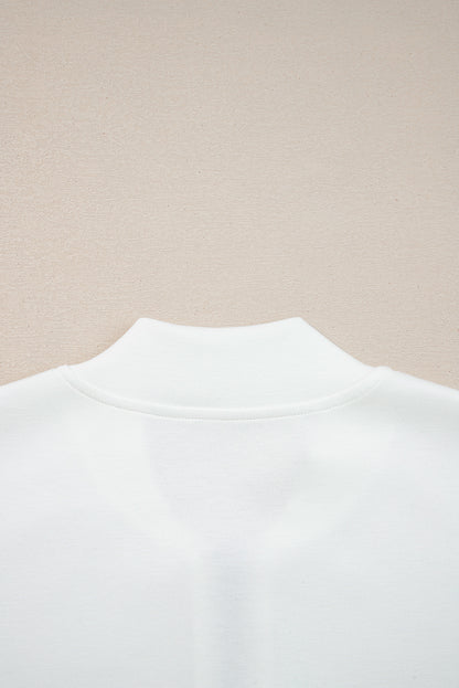 White Solid Color Zip Up Knit Puff Sleeve Jacket