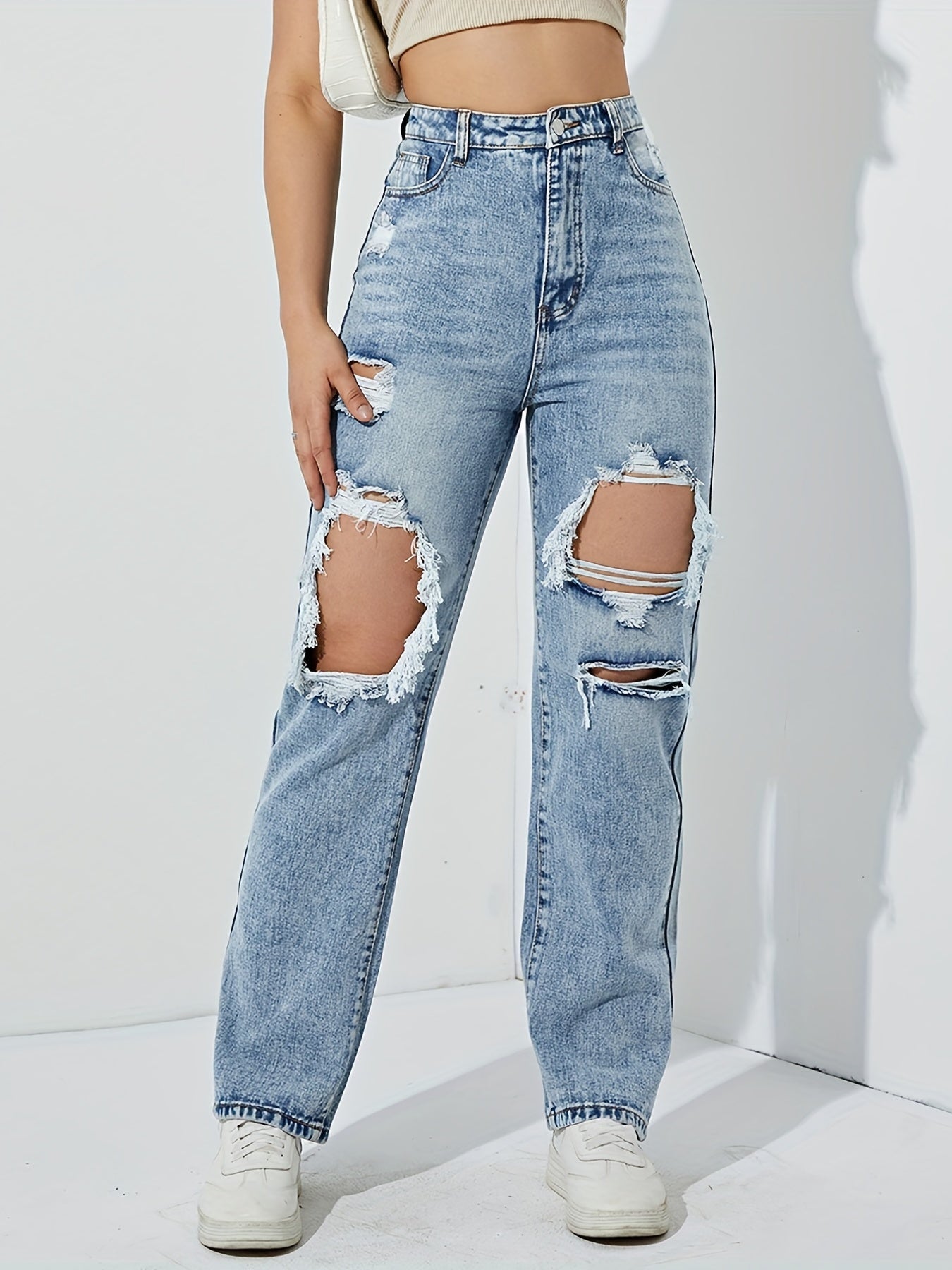 Blue Ripped Holes Straight Jeans, Distressed Slant Pockets Boyfriend Jeans, Women's Denim Jeans & Clothing