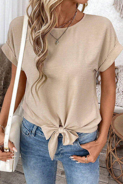 Parchment Solid Color Knotted Hem Short Sleeve Blouse