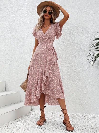 Women's Spring & Summer Dress - Elegant Floral Print, Surplice Neck with Tie, Casual Flutter Sleeves & Ruffle Hem, Perfect for Every Day & Special Occasions