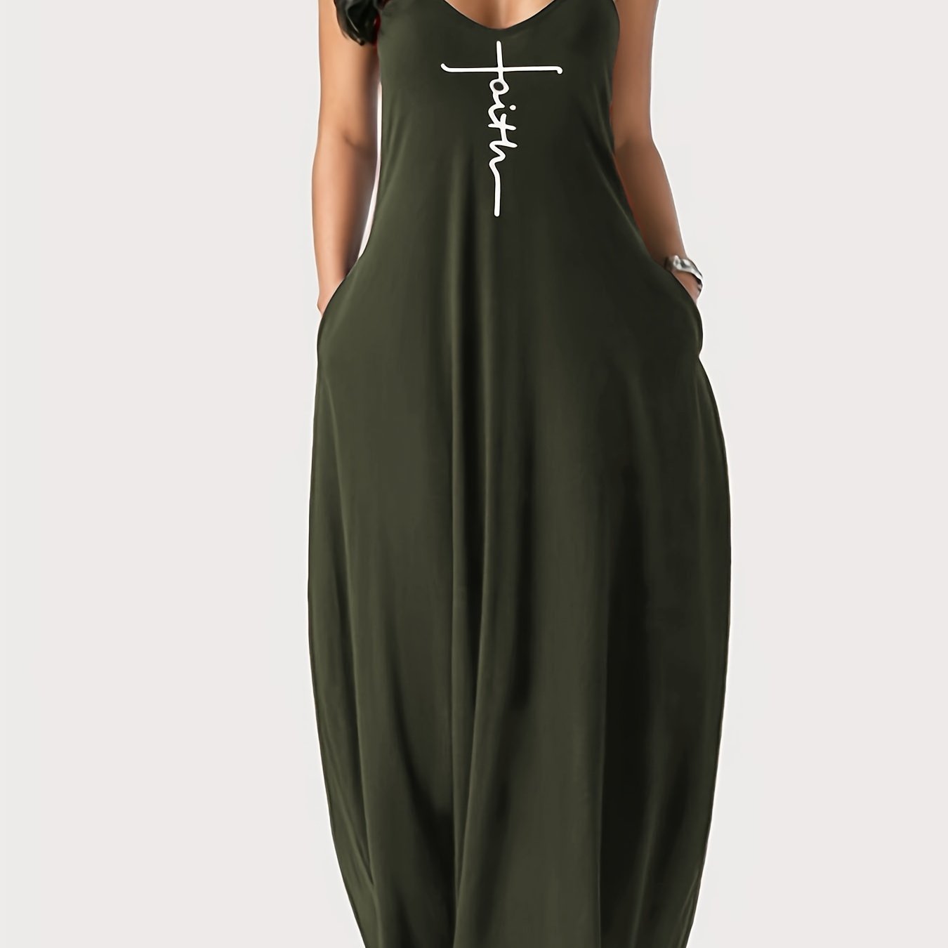 Faith Print Backless Dress, Casual Spaghetti Strap V Neck Loose Dress, Women's Clothing
