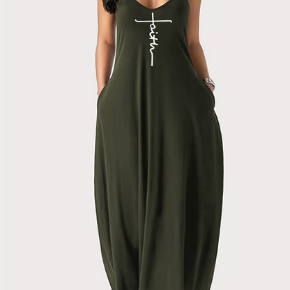 Faith Print Backless Dress, Casual Spaghetti Strap V Neck Loose Dress, Women's Clothing