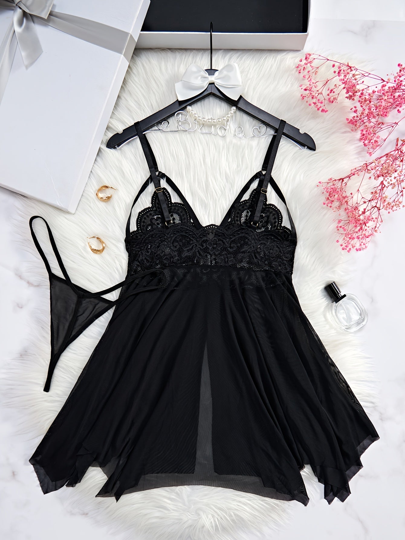 Seductive Floral Lace Slip Nightdress - Sheer Mesh, Adjustable Straps, Asymmetric Hem - Backless V Neck Mini Dress with Matching Thongs - Soft, Breathable Womens Sleepwear Set