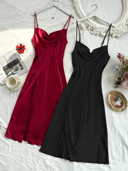 2 Pcs Women's Elegant Solid Satin Sleepwear Dress, Turtleneck Side Split Backless Midi Slip Dress, Comfortable Nightgown
