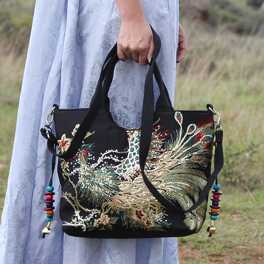 Women's Embroidered Satchel Bag, Fashion Double Handle Purse, Retro Style Handbag With Removable Strap