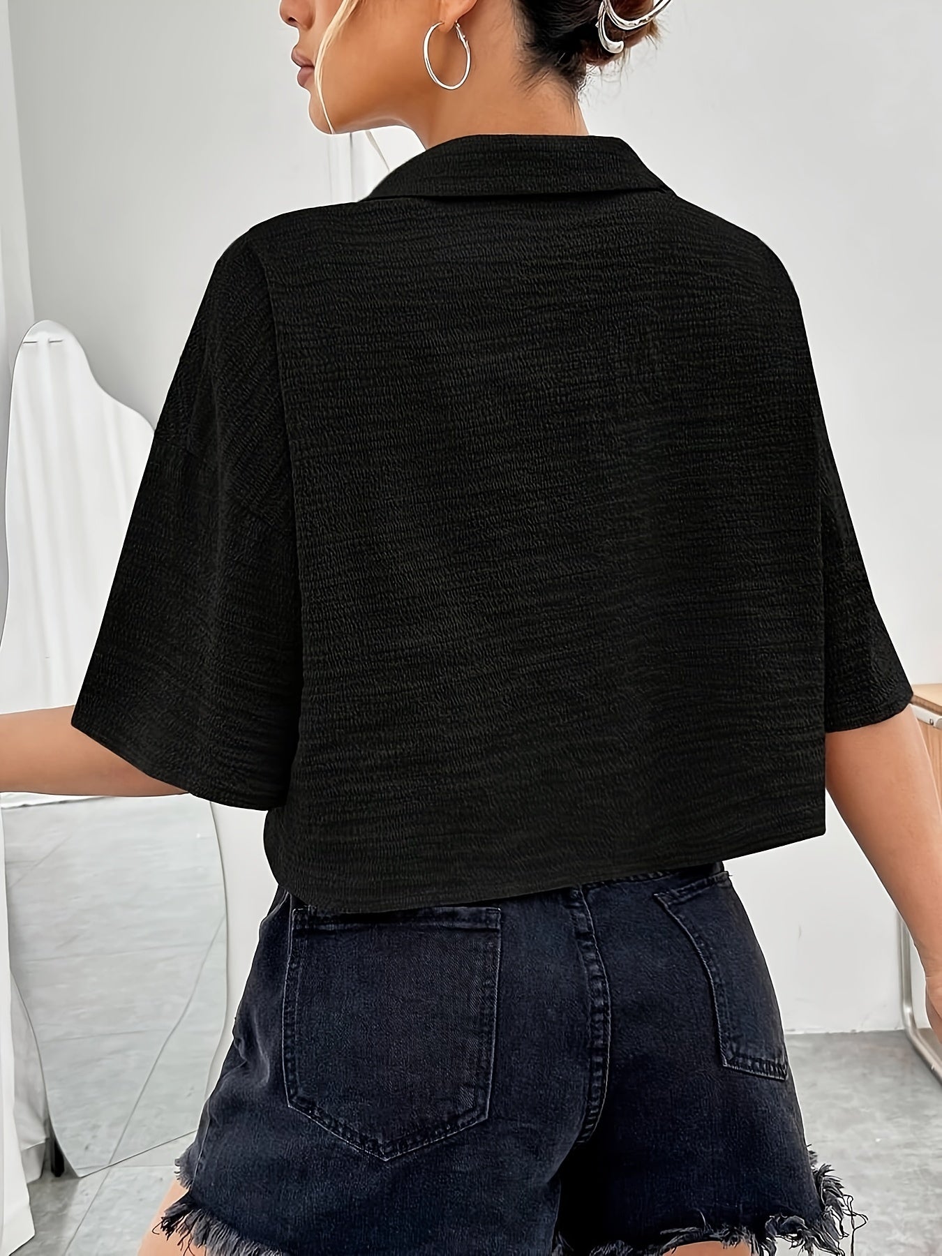 Button Front Crop Blouse, Casual Short Sleeve Blouse For Spring & Summer, Women's Clothing