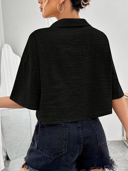 Button Front Crop Blouse, Casual Short Sleeve Blouse For Spring & Summer, Women's Clothing