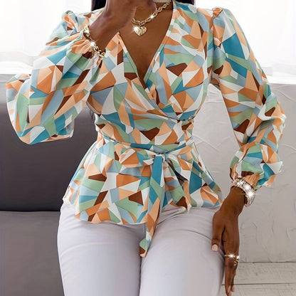 Geo Printed Belted Blouse, Elegant Long Sleeve V Neck Blouse For Spring, Women's Clothing
