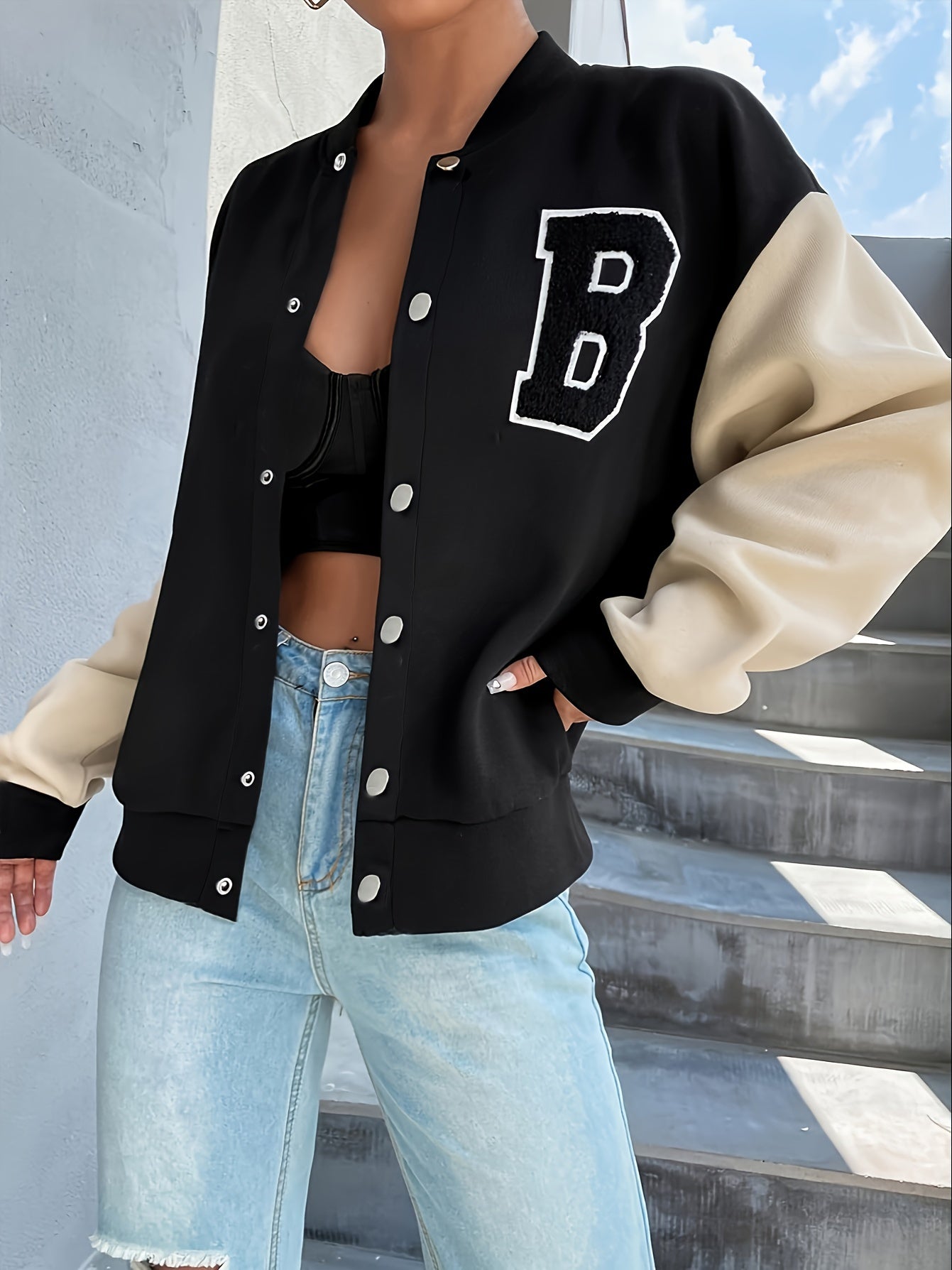 Varsity Jacket with Letter Patch - Relaxed Fit Drop Shoulder, Stylish Two-Tone, Casual Outwear for Spring & Fall, Perfect for Womens Daily Wear