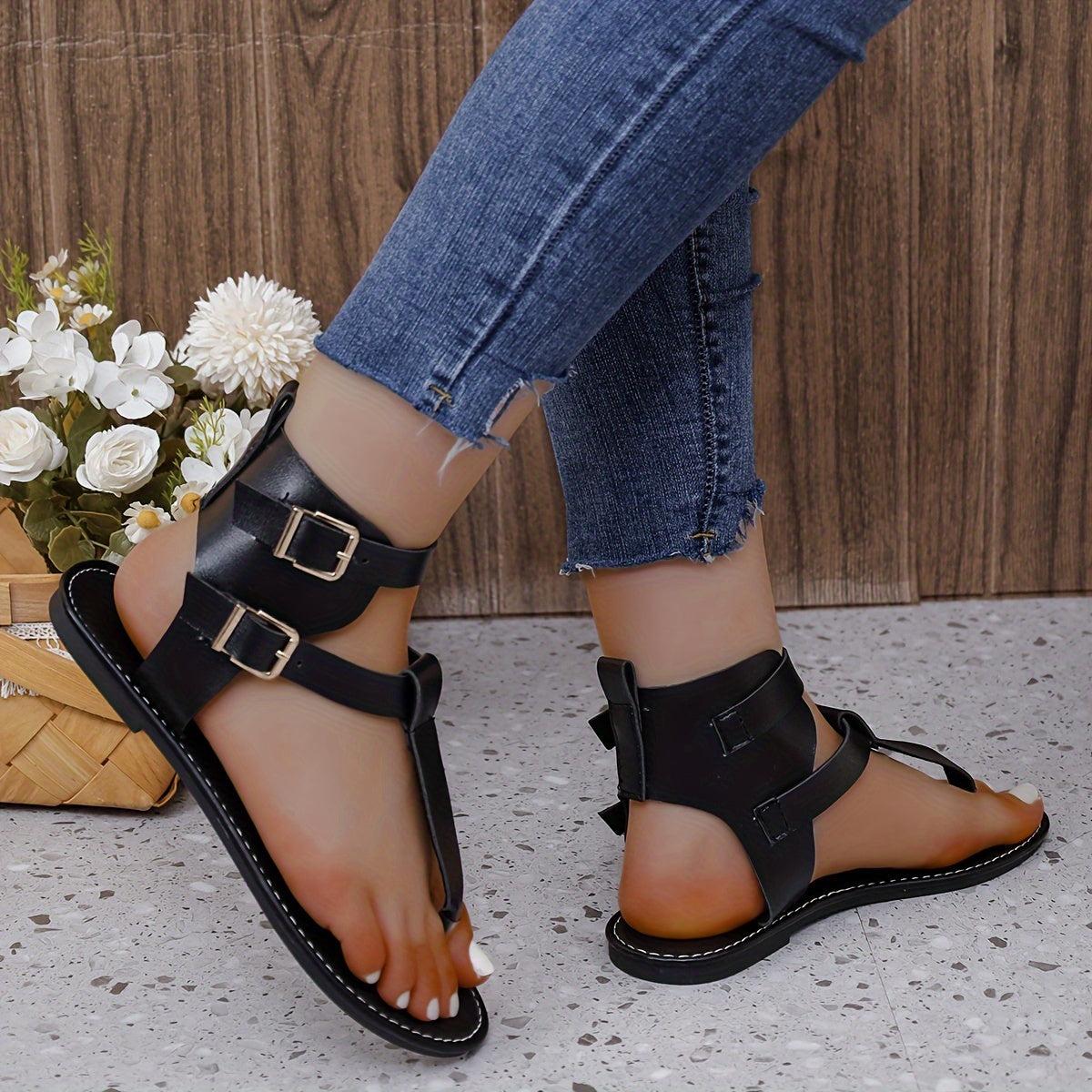 Women's Solid Color Thong Sandals, Buckle Belts Soft Sole Lightweight Casual Shoes, Non-slip Summer Beach Shoes