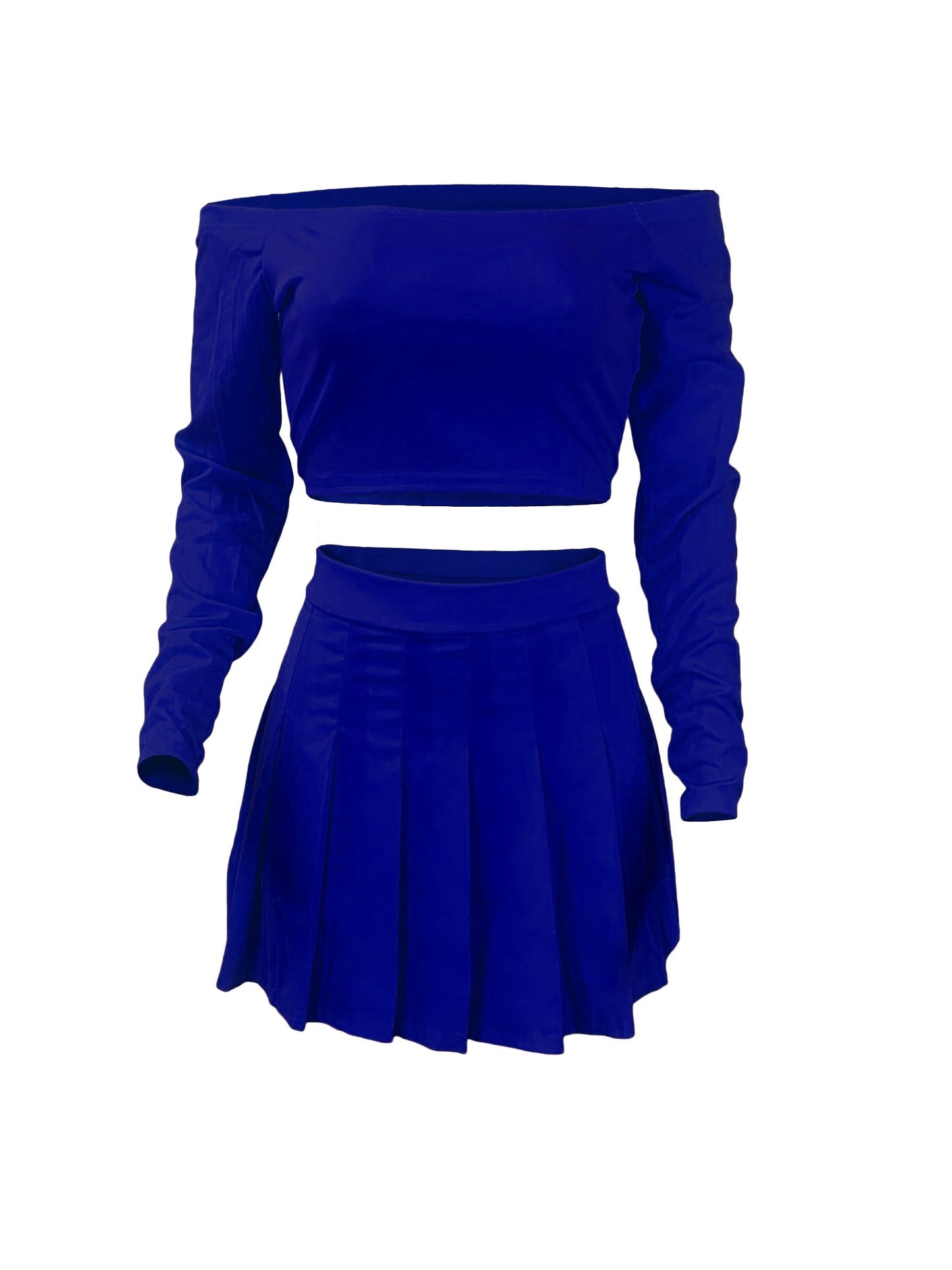 Solid Elegant Two-piece Set, Off Shoulder Long Sleeve Crop Top & Pleated Mini Skirt Outfits, Women's Clothing