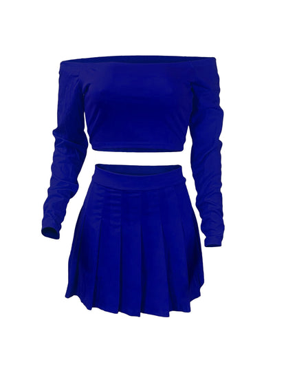 Solid Elegant Two-piece Set, Off Shoulder Long Sleeve Crop Top & Pleated Mini Skirt Outfits, Women's Clothing