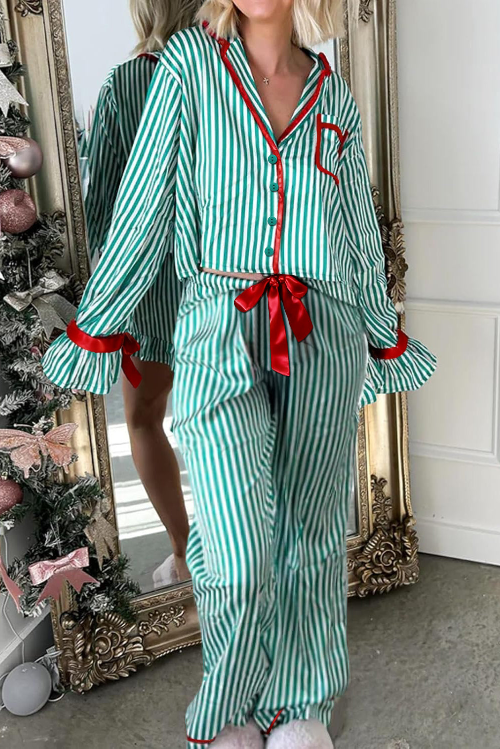 Green Stripe Contrast Velvet Trim Bow Knot Waist 2pcs Pajama Set
