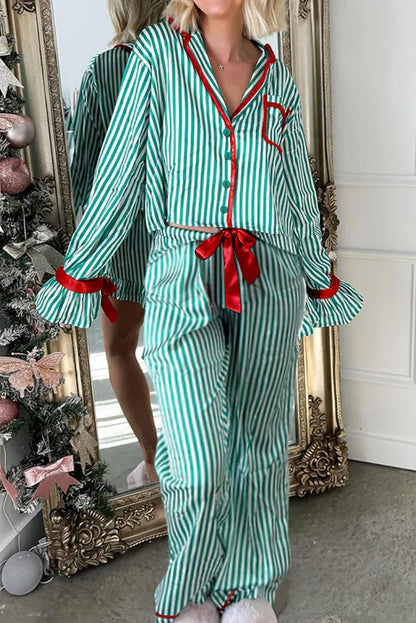 Green Stripe Contrast Velvet Trim Bow Knot Waist 2pcs Pajama Set
