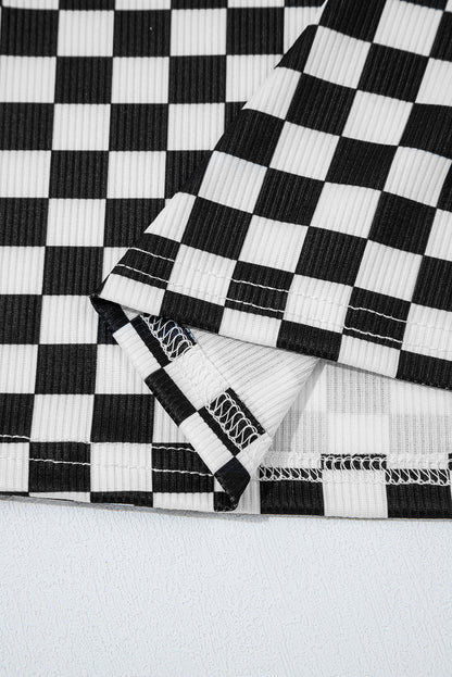 Black Checkered Ribbed Slim Fit Crew Neck T Shirt