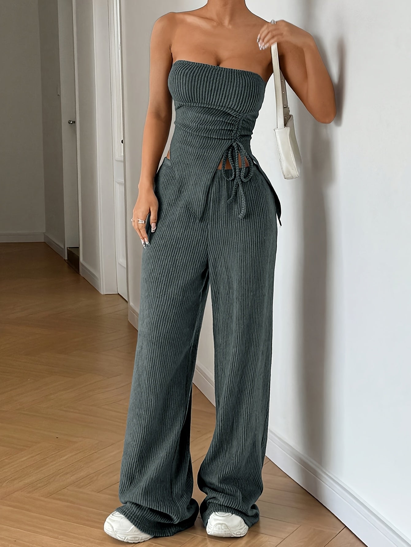 Women's Summer Fashion Outfit - Solid Color Crop Top and Pants, Side Drawstring, Comfortable for Casual Wear