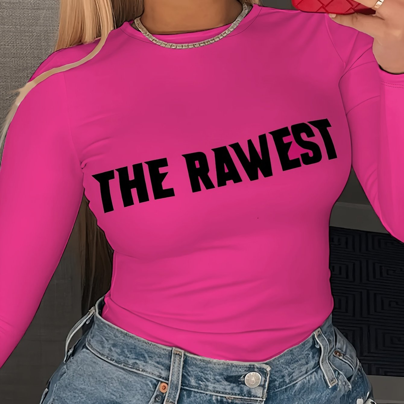 Women'S Casual Crew Neck Long Sleeve Blouse, Polyester Knit Fabric, with "THE RAWEST" Letter Print, for Spring/Fall