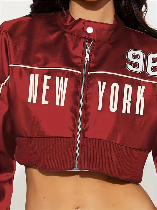Women's Elegant NEW YORK 98 Letter Print Jacket - Maroon Short-Length Zipper Front with Ribbed Cuffs, Machine Washable T-Shape Regular Fit for Spring Summer Fall Casual Outerwear