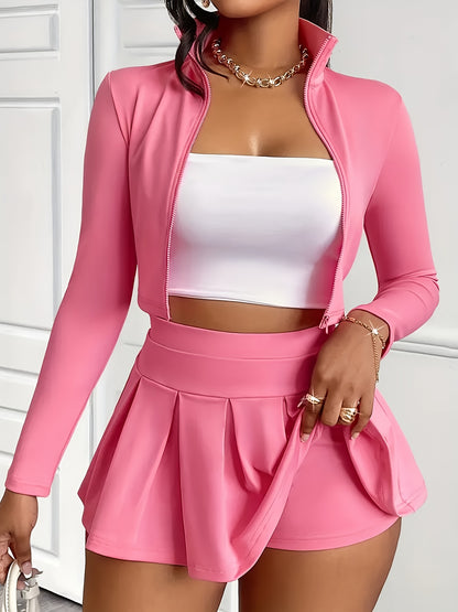 Women's Sexy Long Sleeve Jacket & Mini Pleated Skirt with High Elastic Underpants